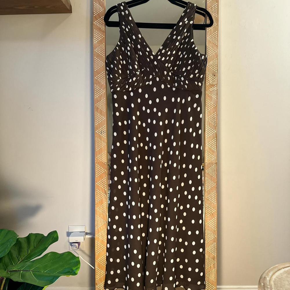 Adrianna Papell brown dress with white polka dots